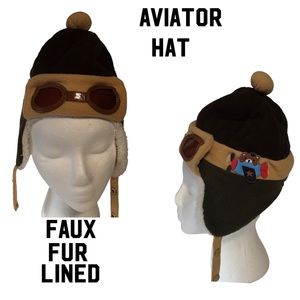 Aviator hat faux fur inside ear flaps Snap chin strap closure bear & airplane